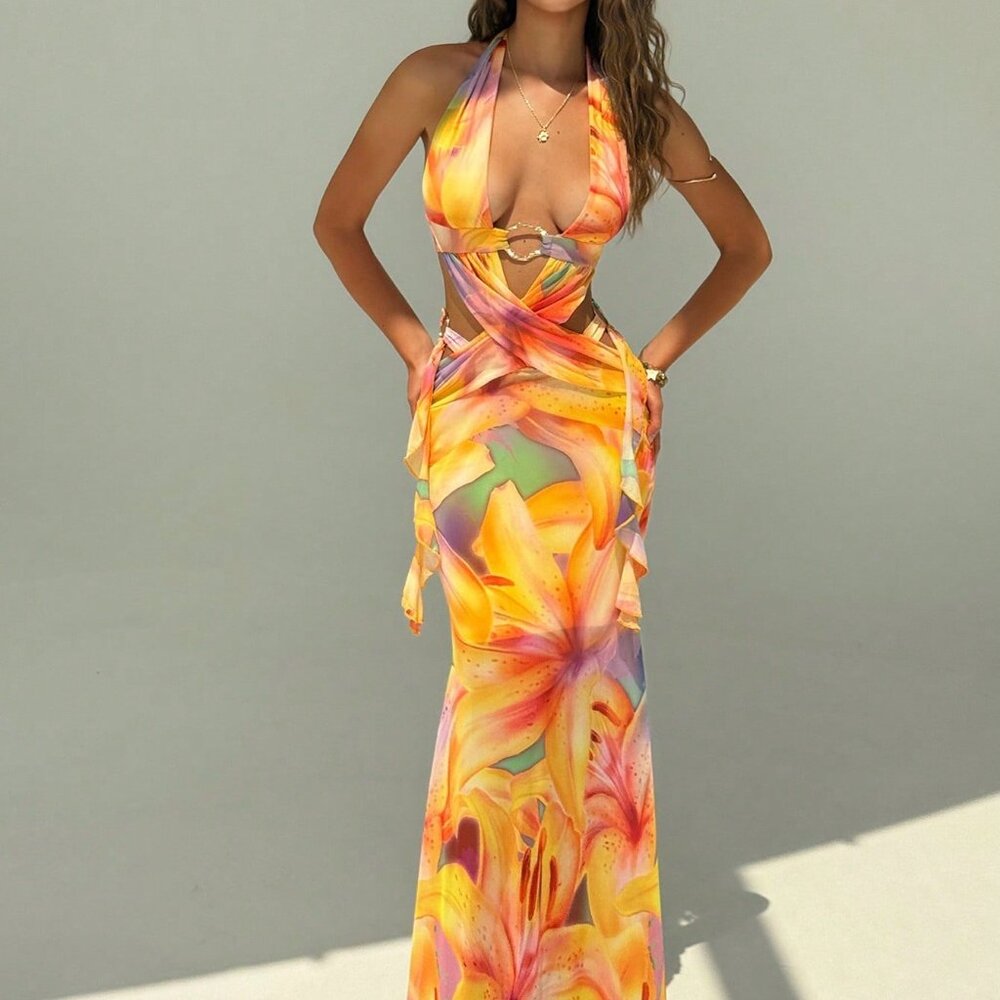 Multicolor Boho Women's Sexy Crisscross Hollow-Out Holiday Dress